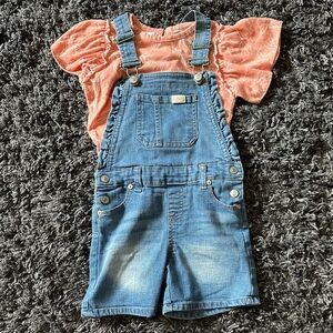 7 For All Mankind Blue Denim Overalls Shorts Set
